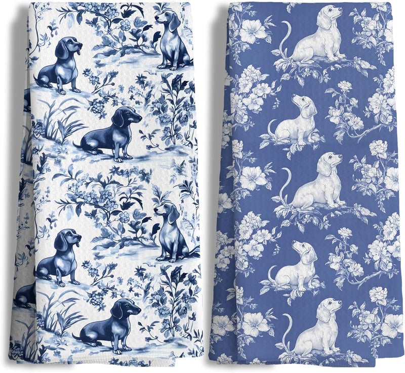 Nipil Chinoiserie Dachshund Kitchen Towels Set of 2, Blue and White Floral Botanical Dachshund Decorative Dish Tea Towels, Grandmillennial Weiner Dog Hand Towels for Kitchen Bathroom, 16x24 Inch - Image 1